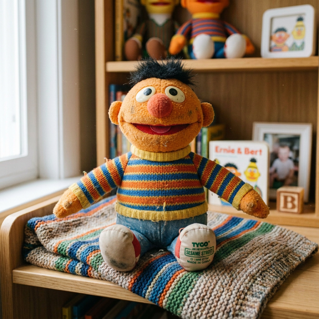 Ernie doll wearing a striped sweater sitting on a multicolored knit blanket near a window