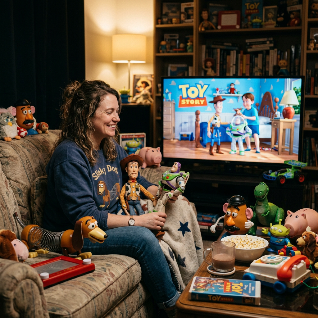 Woman sitting on sofa holding Woody and Buzz Lightyear toys with Toy Story movie playing on TV and various Toy Story toys around