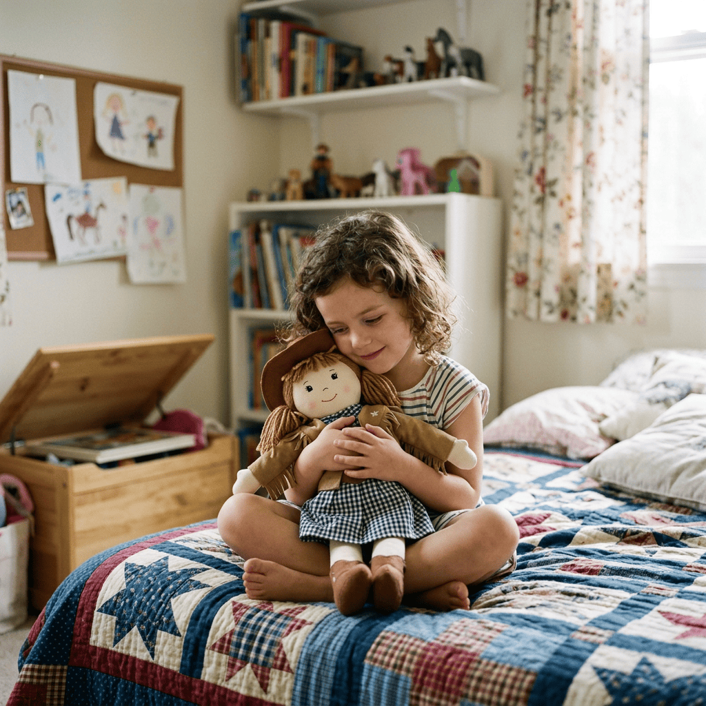 Young girl sitting cross-legged on bed hugging a smiling rag doll wearing a cowboy hat and gingham dress